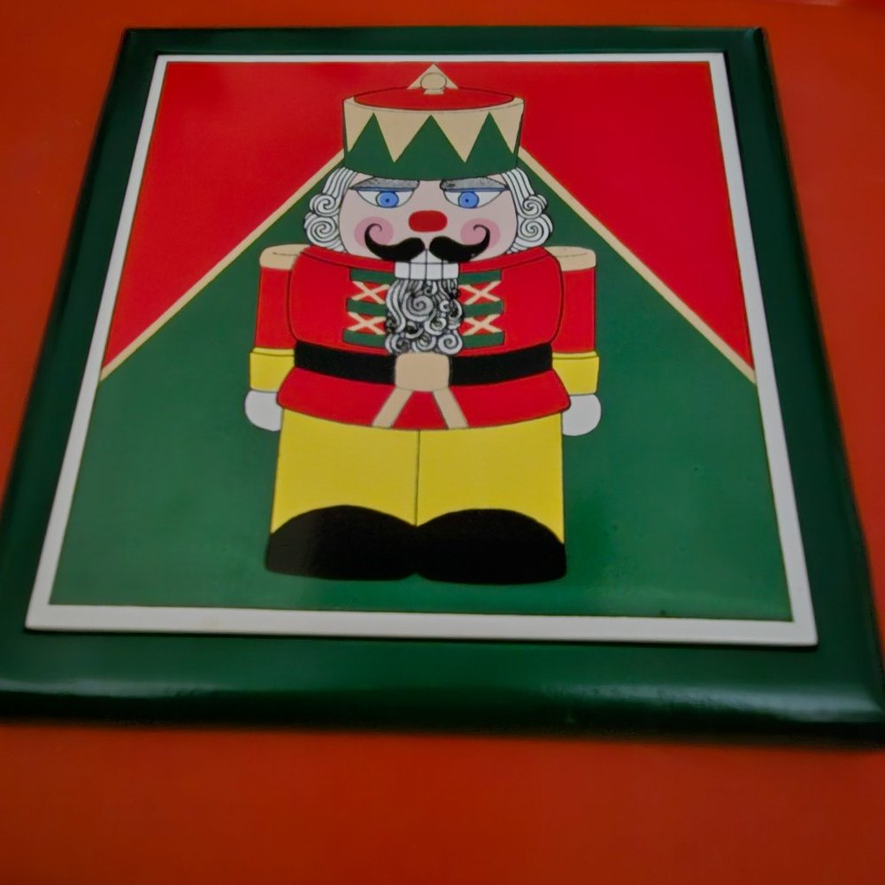 vintage 1992 nutcracker ceramic tile in wood frame trivet
